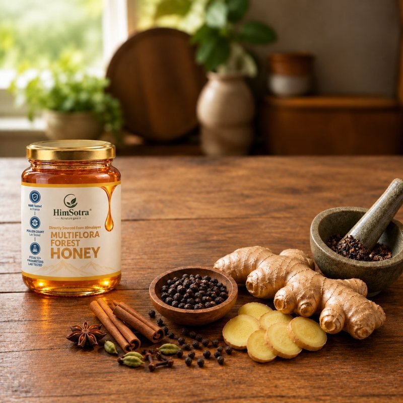 Fresh ginger, black pepper and spices beside a jar of HimSotra honey