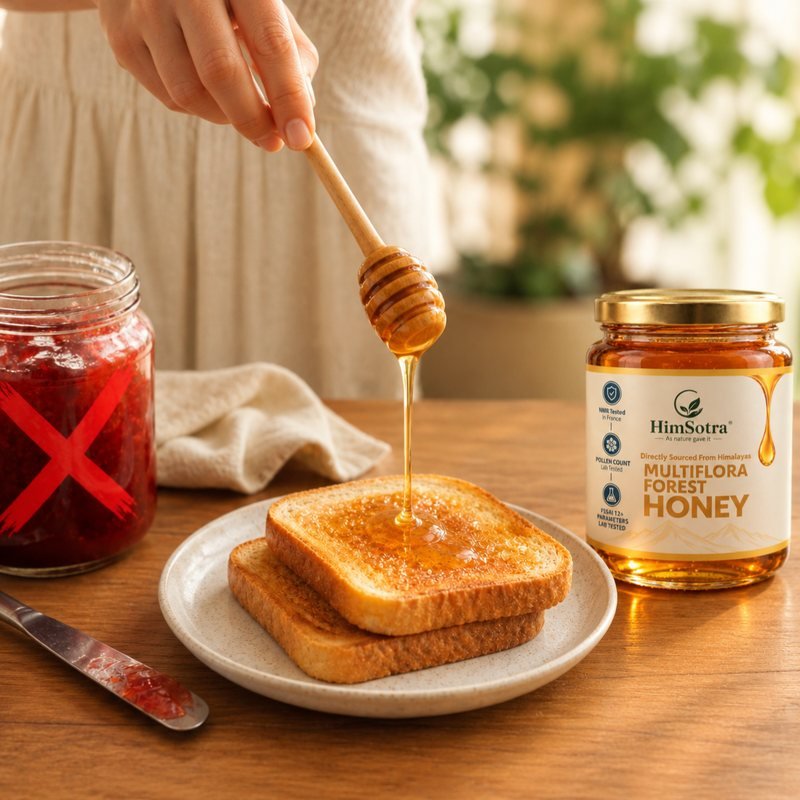 Honey drizzled on toast, with the jam jar crossed out