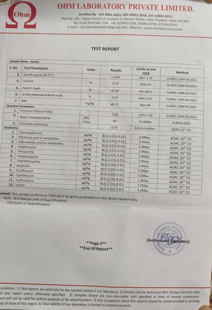Ohm Laboratory FSSAI honey test report